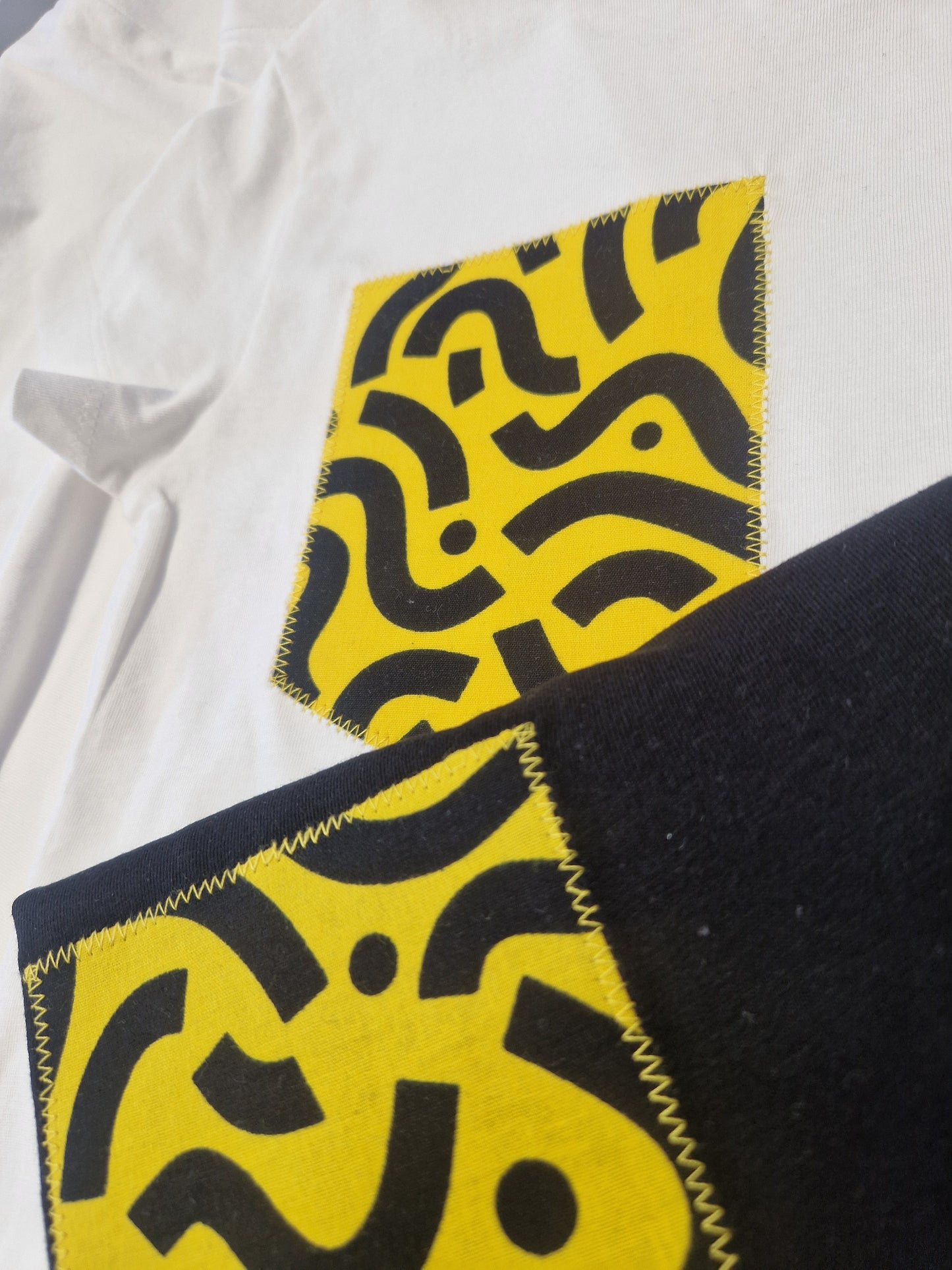 White and Black African Print Applique Pocket T-shirt, Cotton, Adult