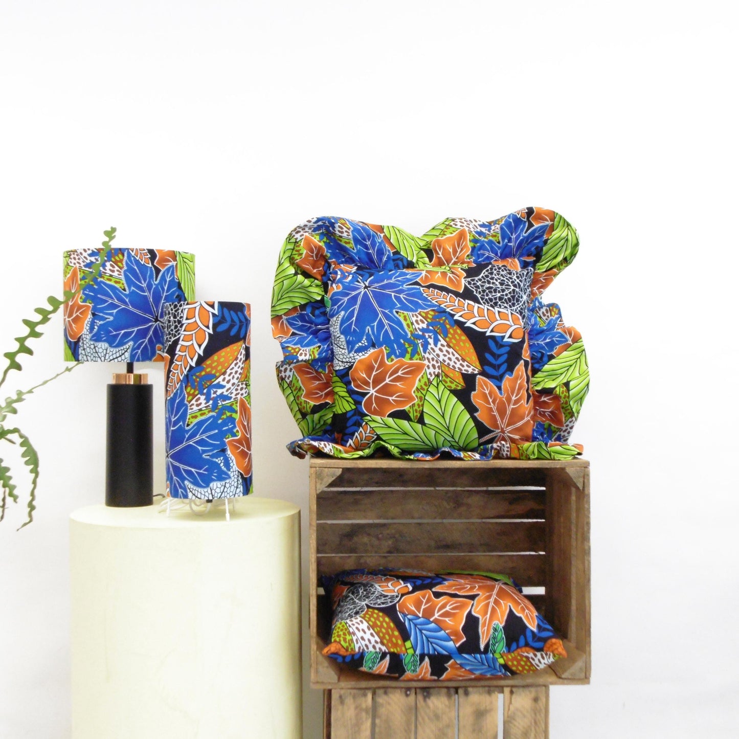 African Print Table Lamp - Blue Green Leaf