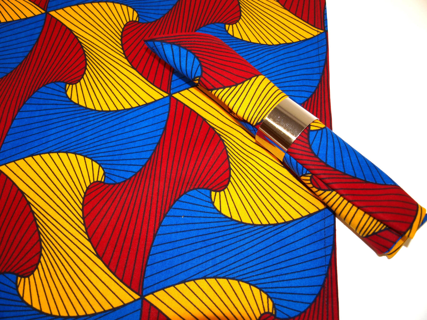 African Print Table Runner and Napkins Set - Red Blue Swirl
