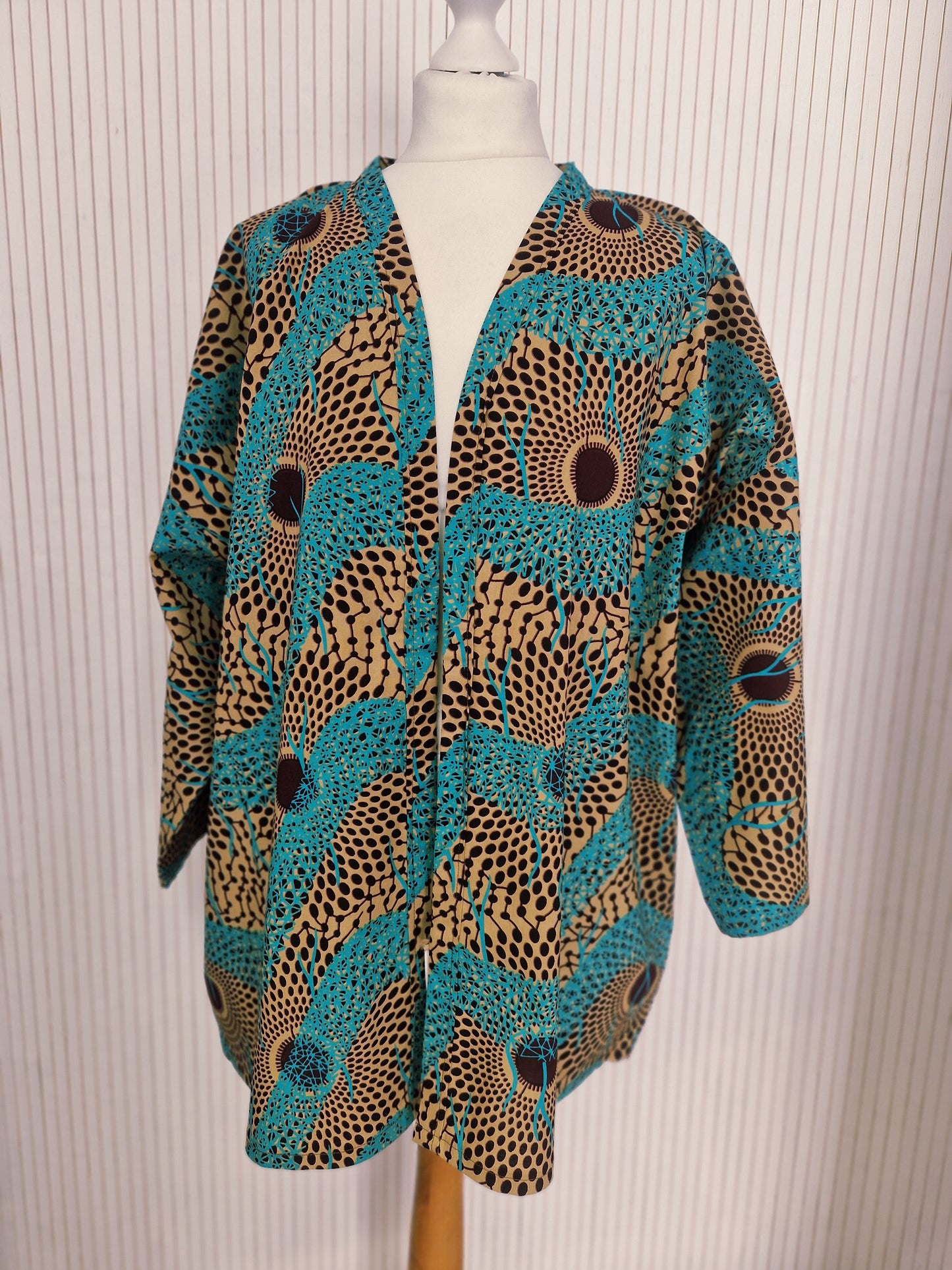 Short African Print Kimono Style Jacket - Brown Blue