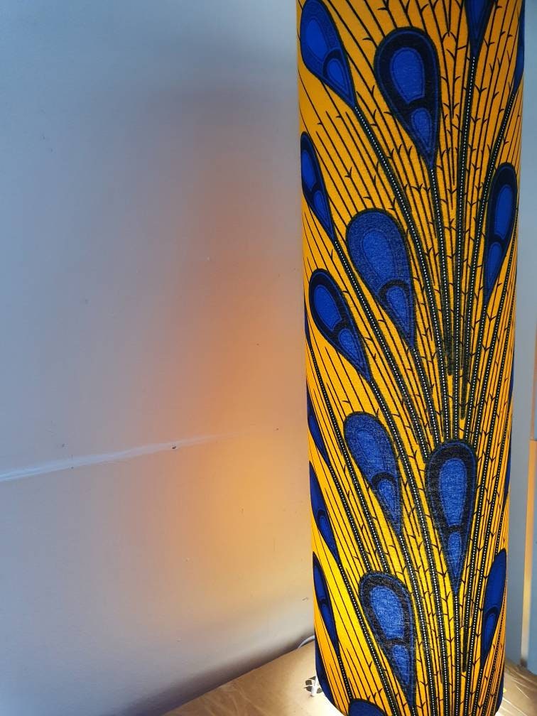 Tall African Print Floor Lamp - yellow blue