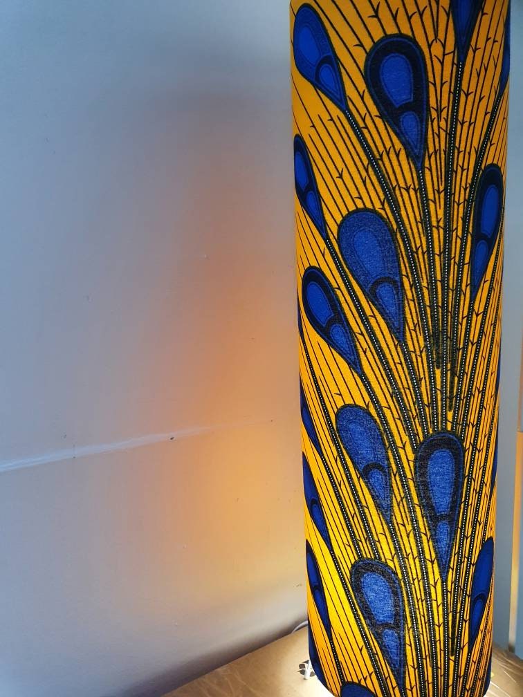Tall African Print Floor Lamp - yellow blue