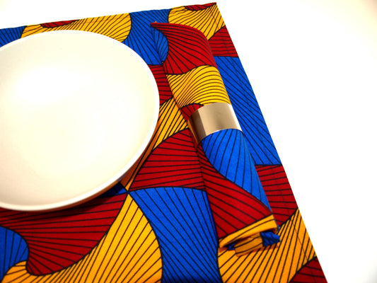African Print Table Runner and Napkins Set - Red Blue Swirl