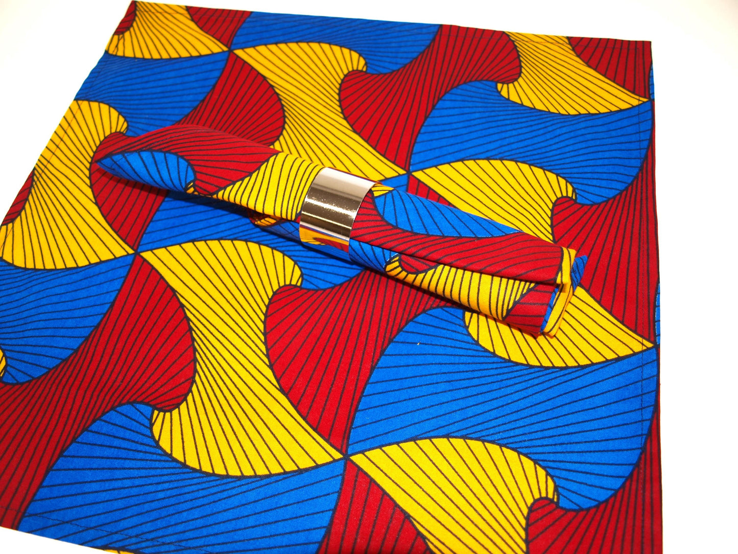 African Print Table Runner and Napkins Set - Red Blue Swirl