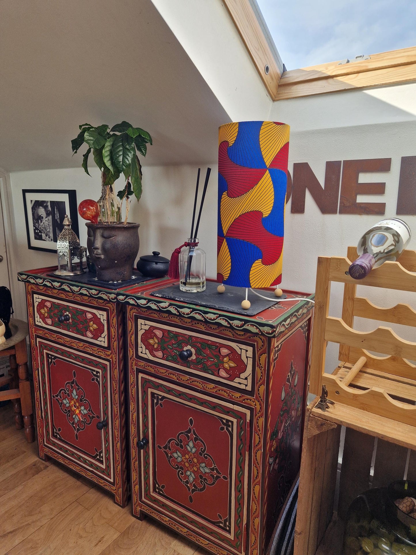 Handmade African Print Table Lamp - Red Blue Swirl