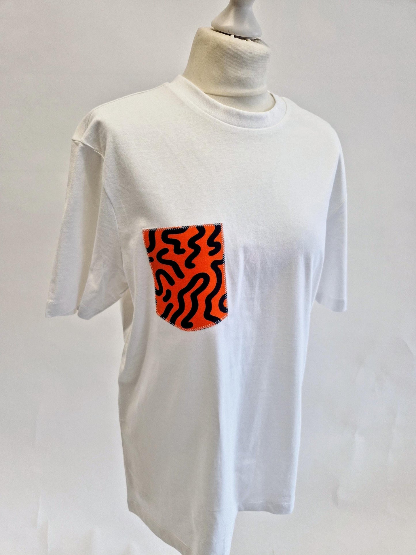 White and Black African Print Applique Pocket T-shirt, Cotton, Adult