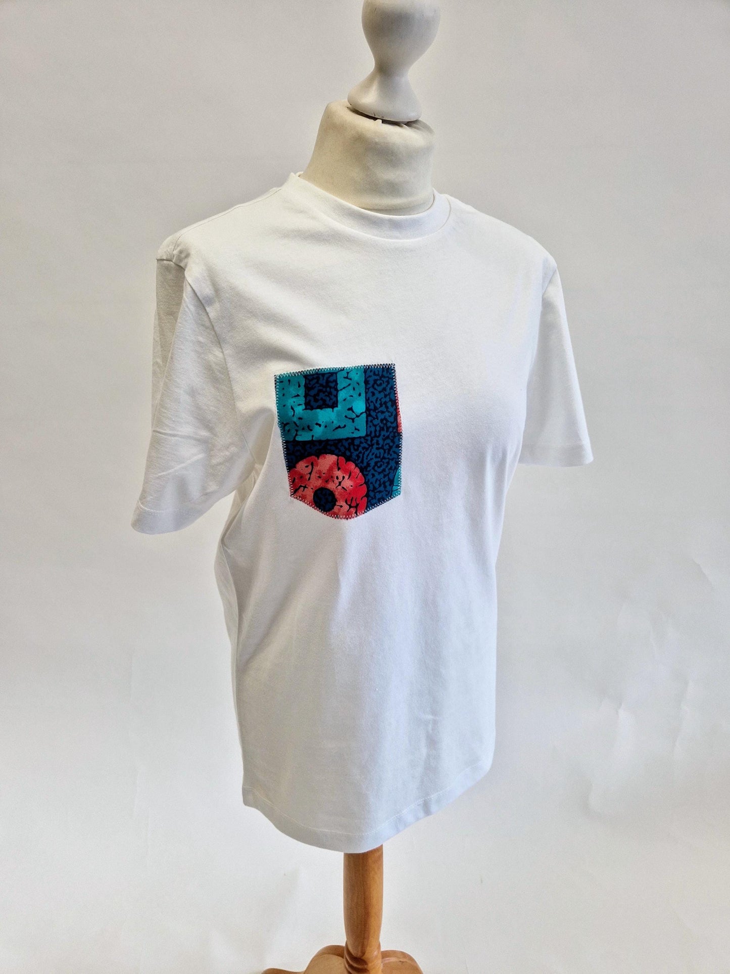 White and Black African Print Applique Pocket T-shirt, Cotton, Adult