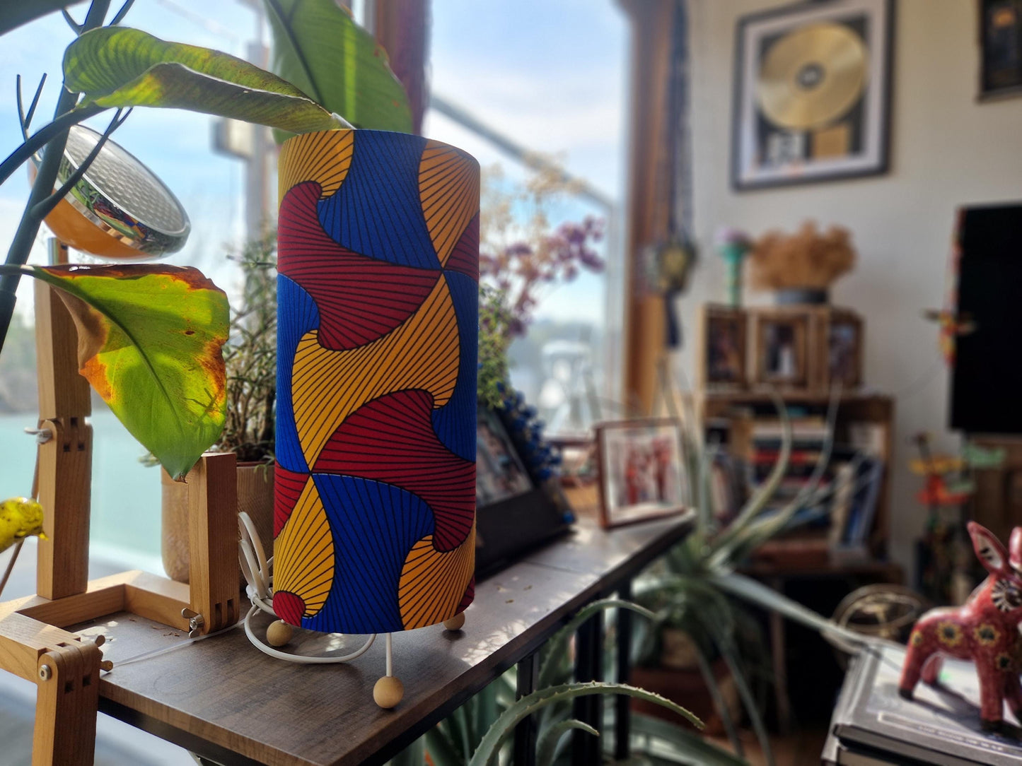 Handmade African Print Table Lamp - Red Blue Swirl