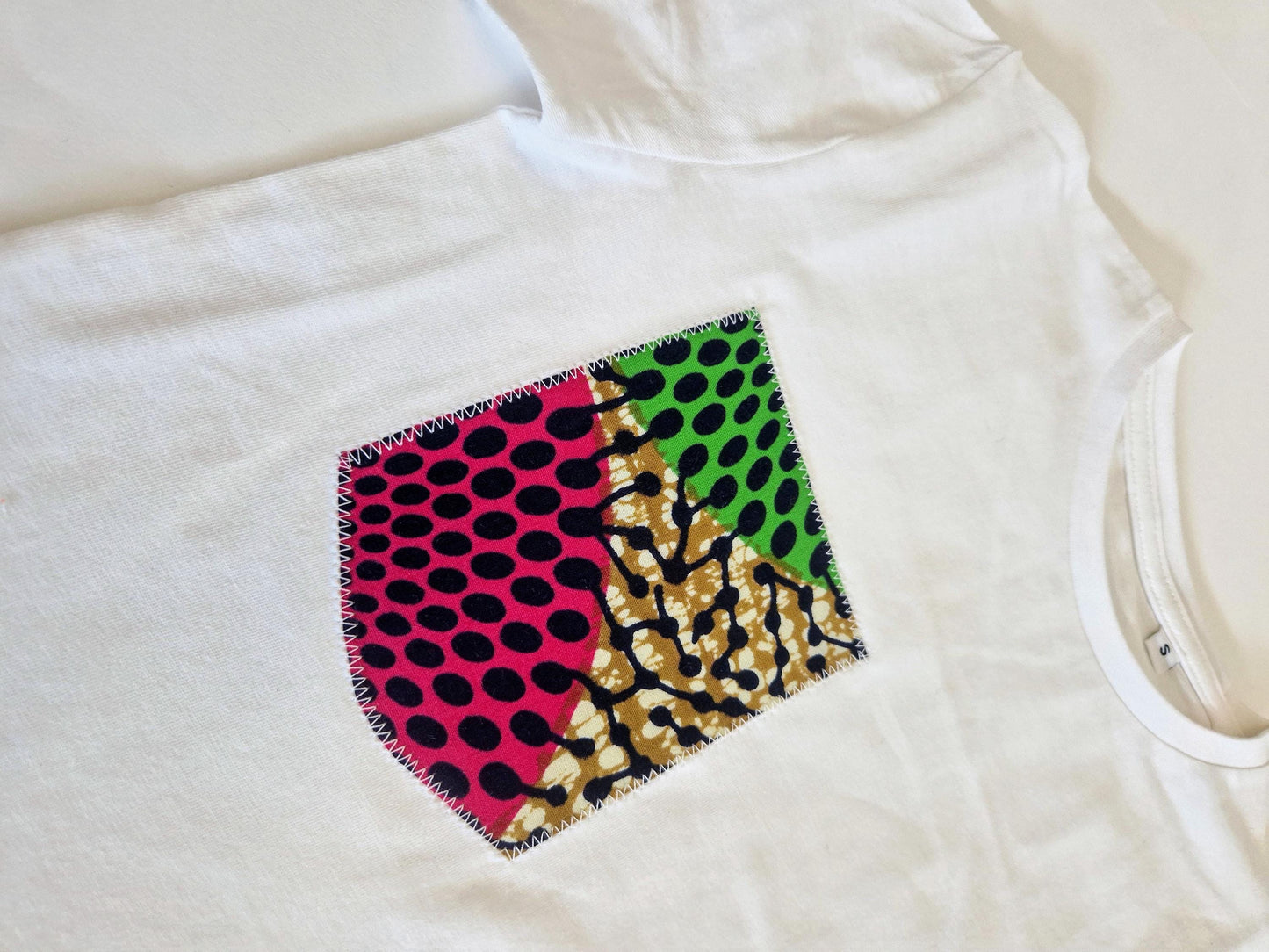 White and Black African Print Applique Pocket T-shirt, Cotton, Adult