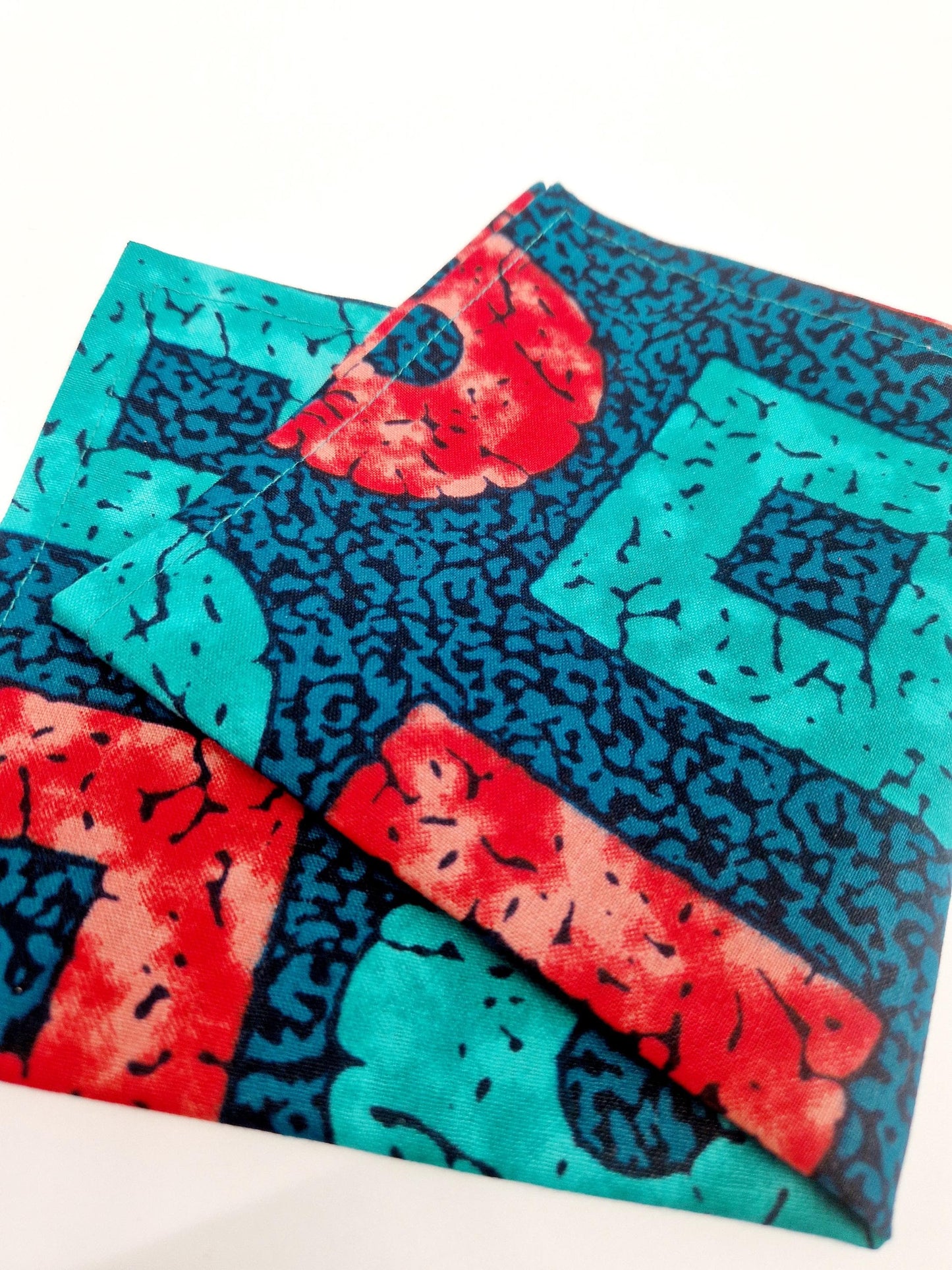 African Print Pocket Square, Handkerchief - Teal, Orange