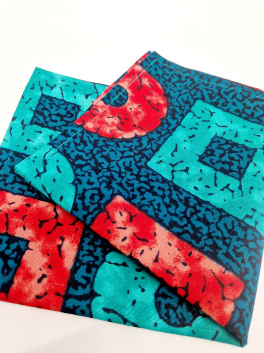 African Print Pocket Square, Handkerchief - Teal, Orange