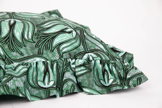 Square African Print Statement Ruffle Cushion - Green