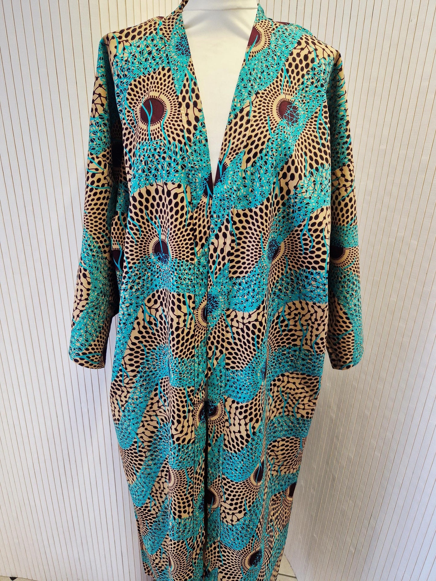 African Print Kimono Style Jacket - one size - Brown Blue