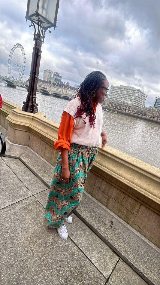 African Print Palazzo Style Trousers - Blue Brown