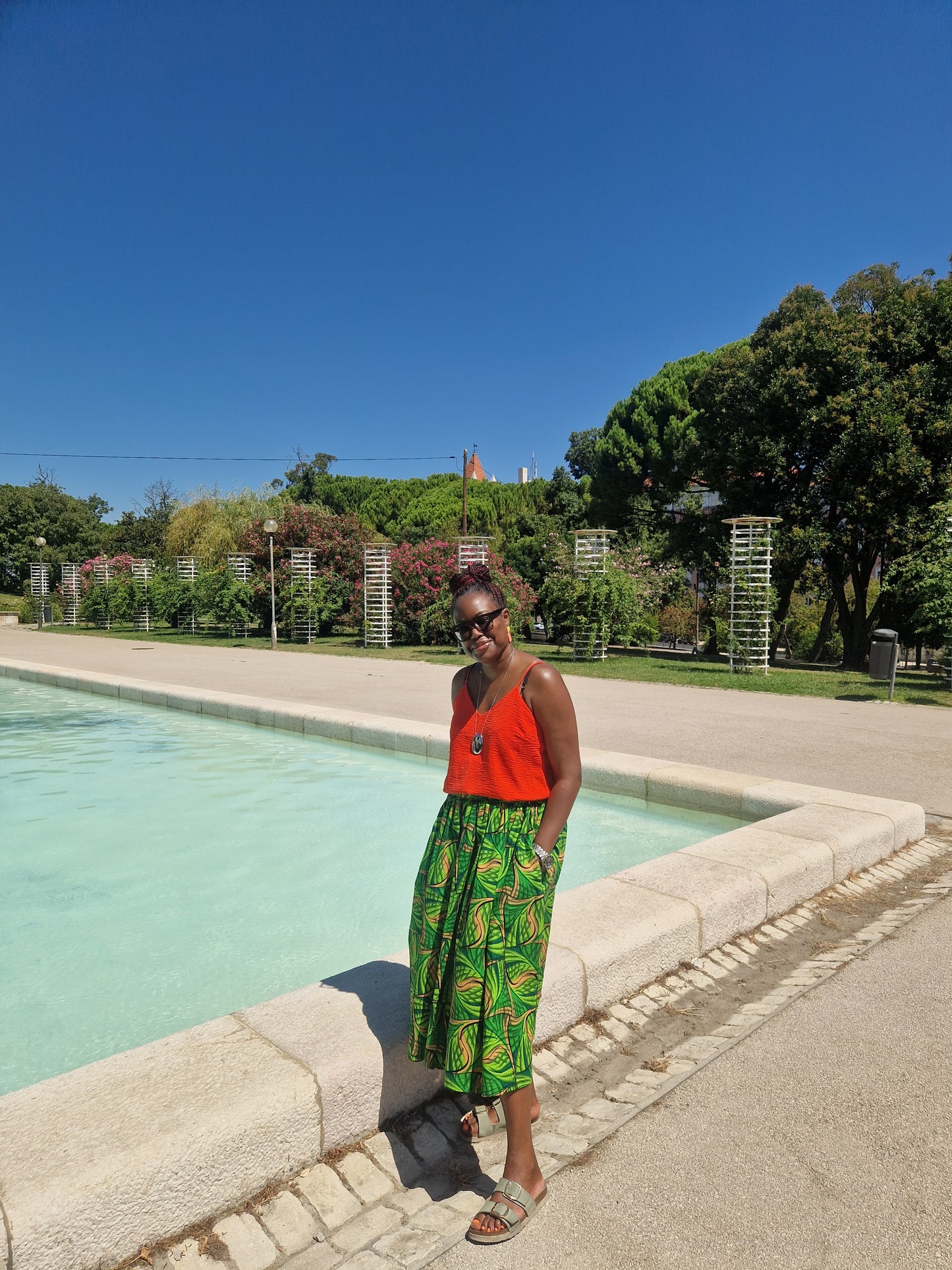 African Print Midi Skirt - Green Leaf