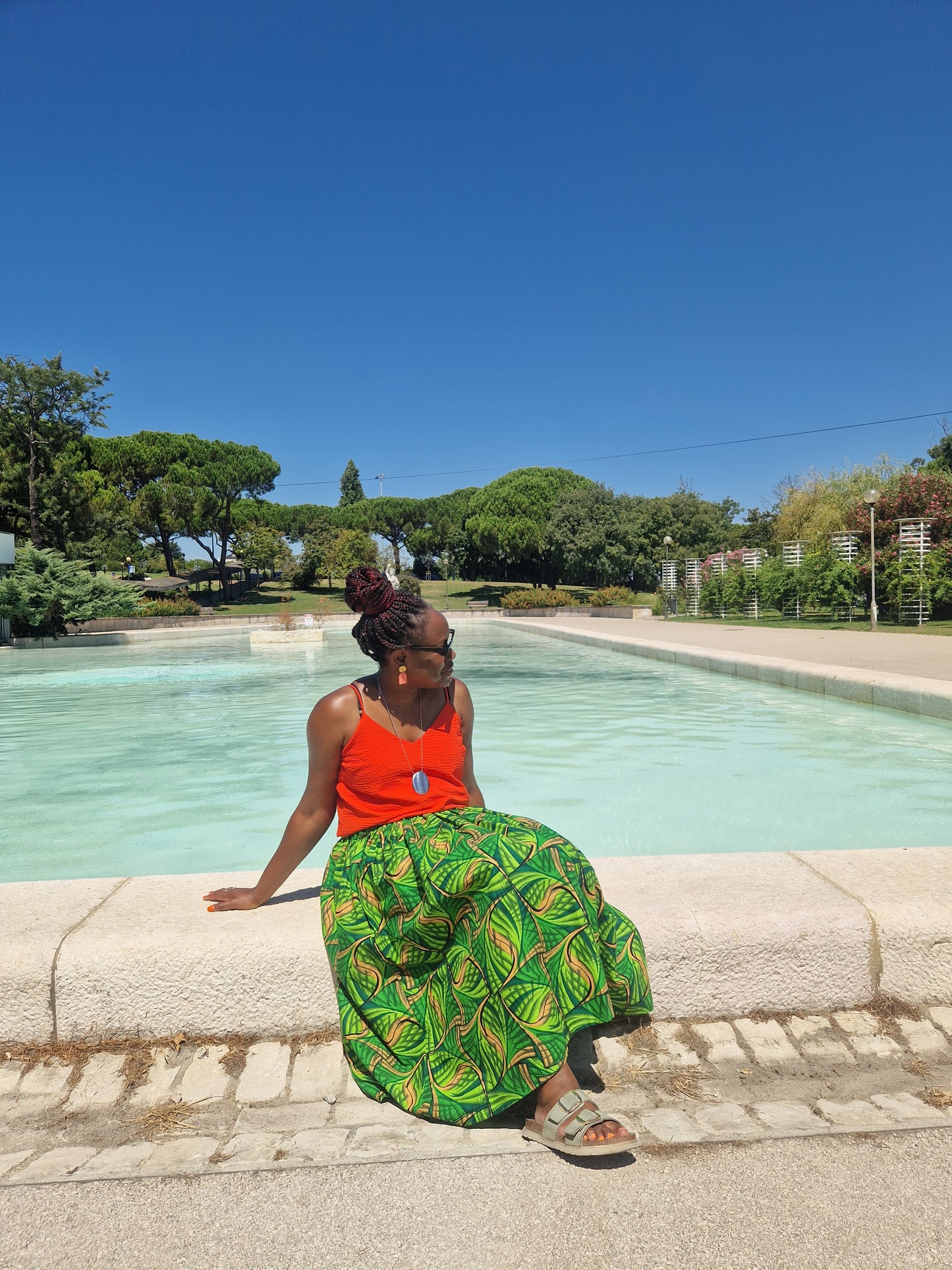 African Print Midi Skirt - Green Leaf