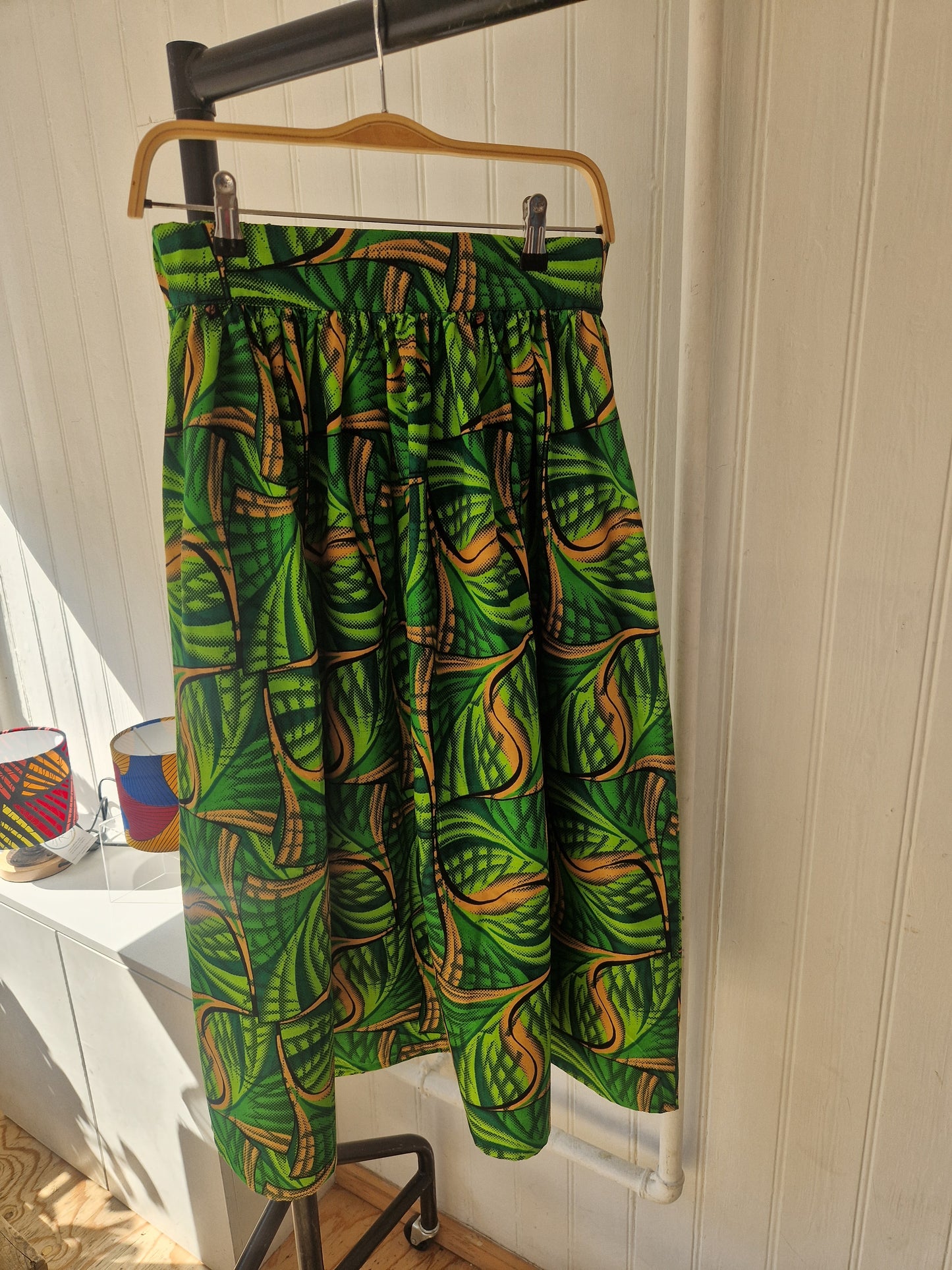 African Print Midi Skirt - Green Leaf