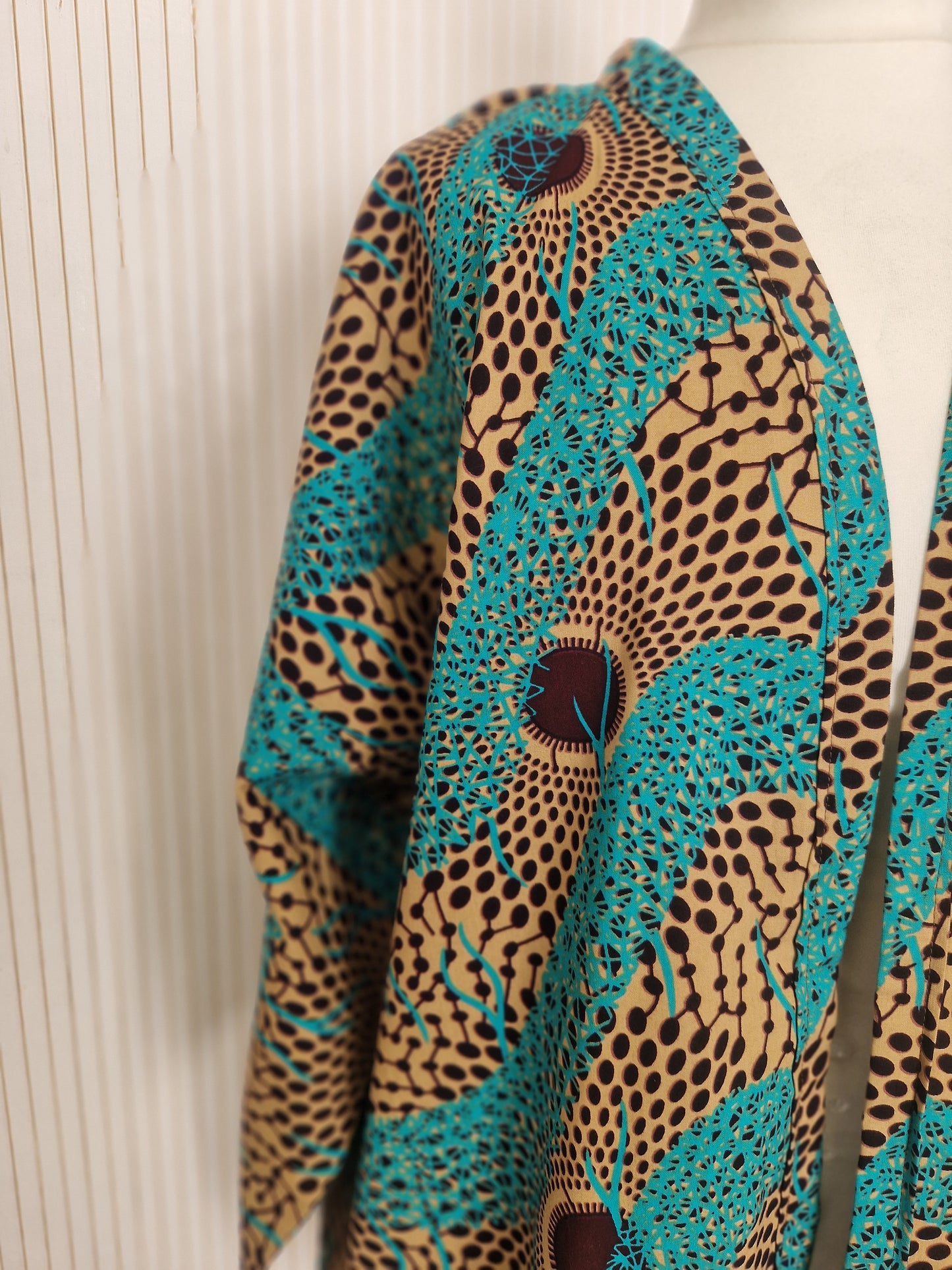Short African Print Kimono Style Jacket - Brown Blue