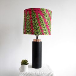 African print pink and green lampshade on lamp stand