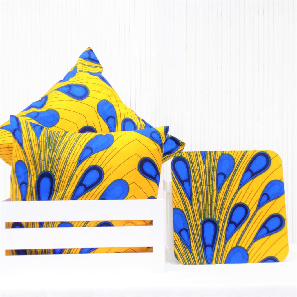 yellow blue peacock feather cushions