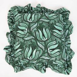 square ruffle cushion in a green leaf print