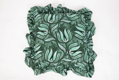 square ruffle cushion in a green leaf print