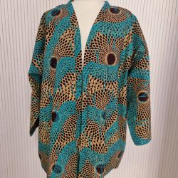 African Wax Print Kimono Style Jacket With Pockets - one size (Blue Brown)